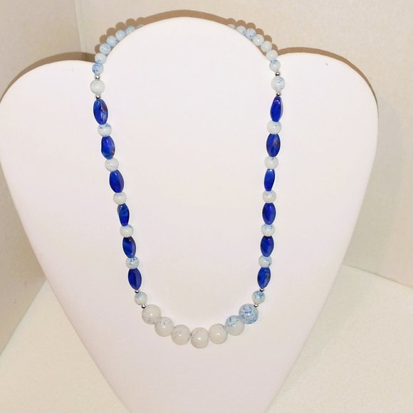 Blue and White Marble-Style Glass bead Necklace and Earring set - Picture 5 of 8